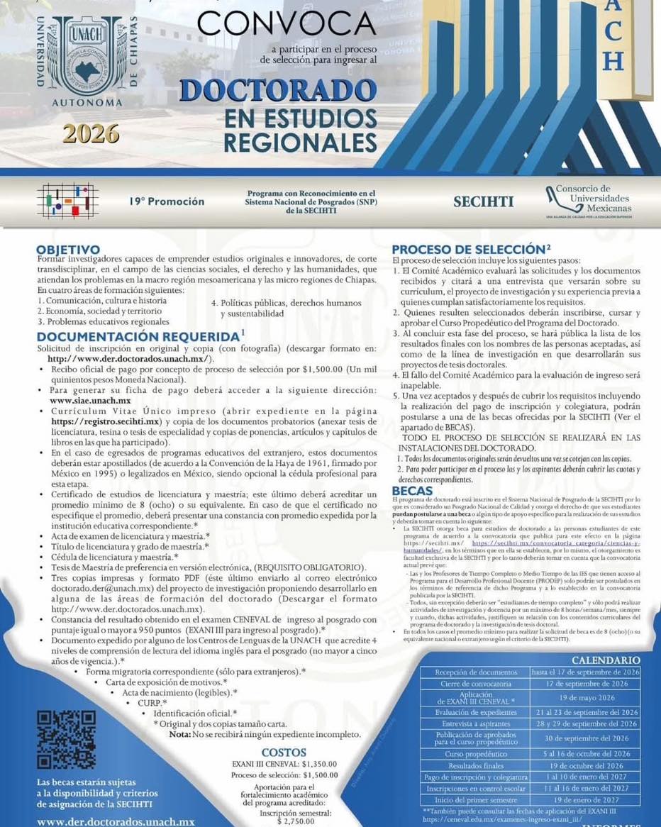 Continúa abierta la convocatoria 2026 para el Doctorado en Estudios Regionales de la UNACH
